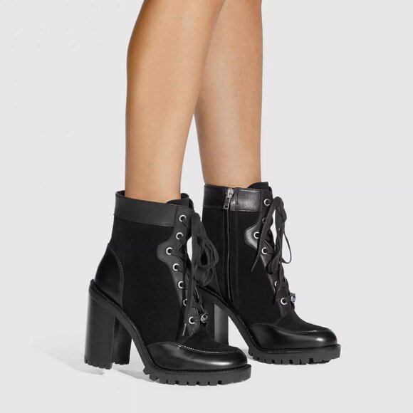 Black Coach Hedy Suede and Leather Stacked Heel Lace-Up Boots Like New 9.5 US - Picture 1 of 9